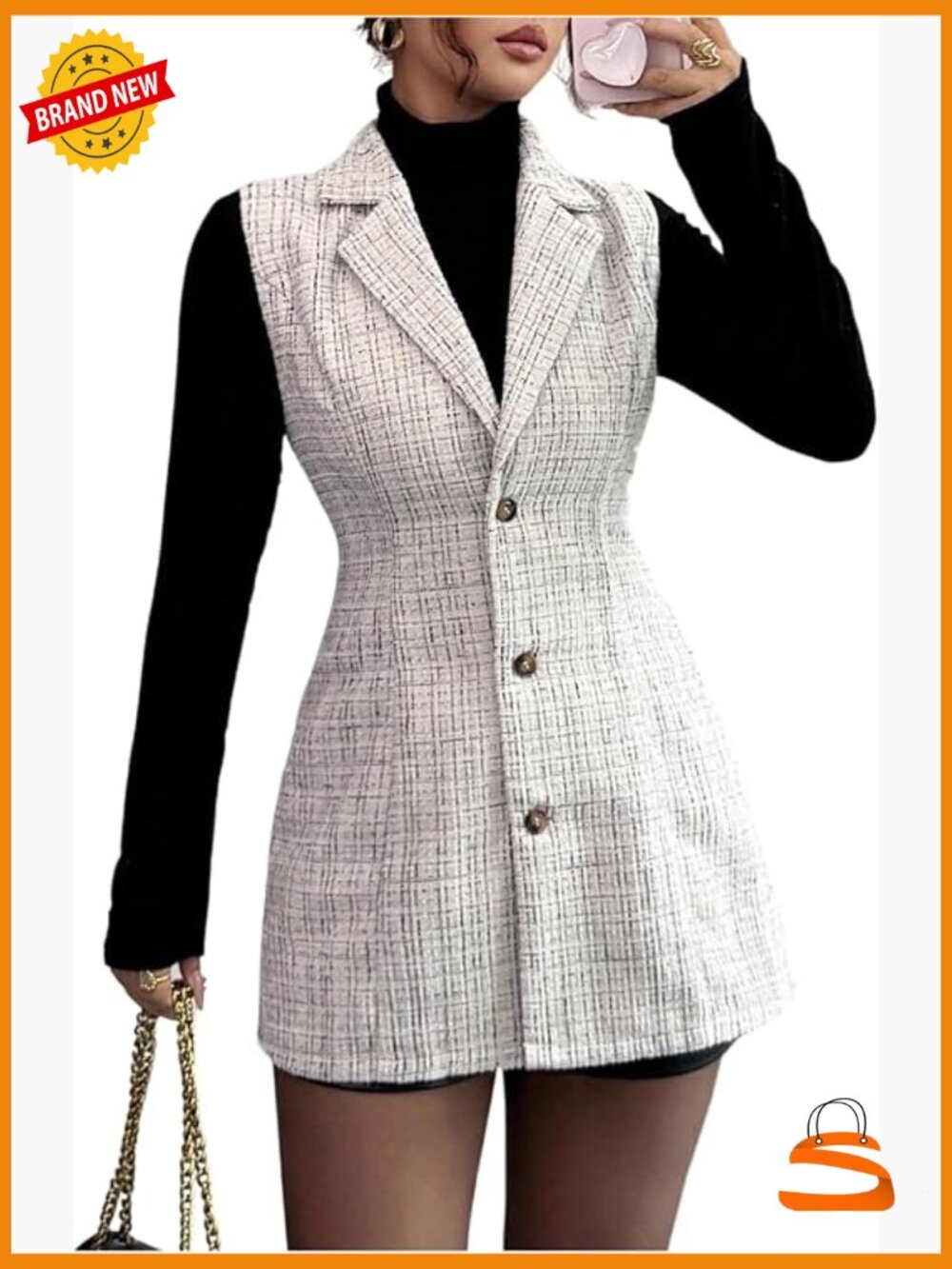 Plaid Tweed Button Down Vest Top Sleeveless V Neck Waistcoat Business Casual